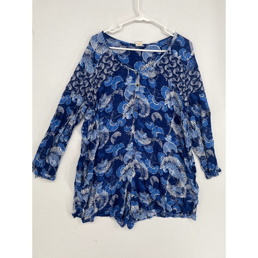 Roxy Womens Blue Floral Long Sleeve Romper Button Front Roll Tab Size L